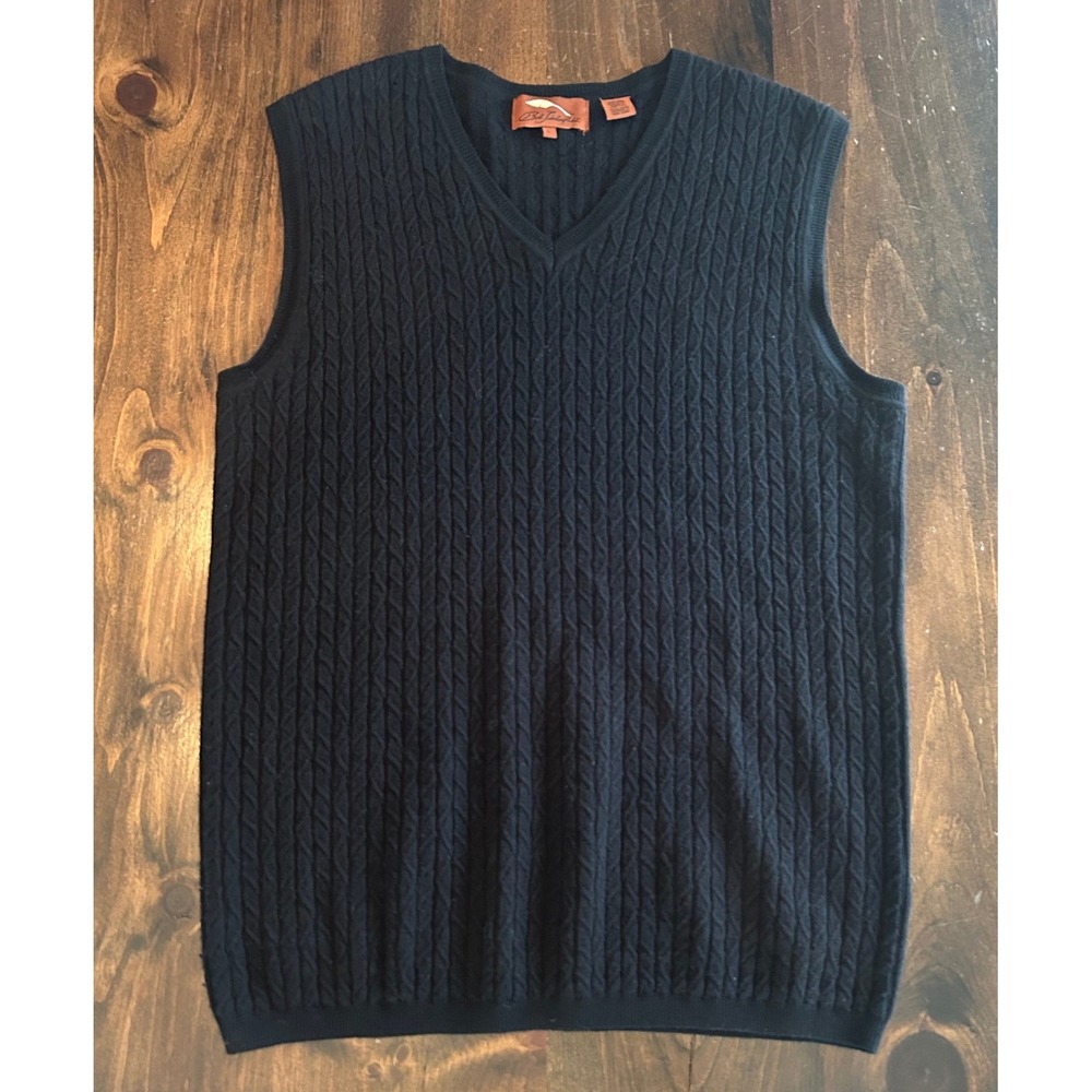 Bob Timberlake 100% Wool Black Sweater Vest Large Cable Knit VNeck Hong Kong 90s